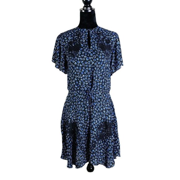 Reiss Amalia Ditsy Print Lace Dress Black Blue Floral Size 4 - Picture 1 of 12
